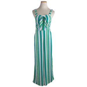 A NEW DAY Jumpsuit Size XS Green Blue Striped Bow Front Pockets Wide Legs Straps